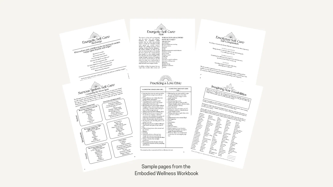 Sample pages from the Embodied Wellness Workbook: energetic self-care, practicing a love ethic, and reshaping your boundaries