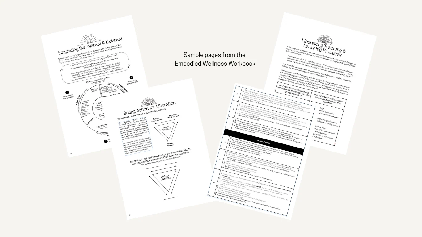 Sample pages from the Embodied Wellness Workbook: integrating the internal and external, and taking action on liberation
