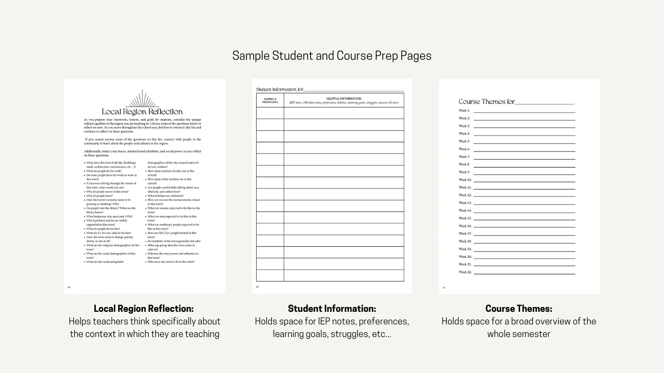 Sample student and course prep pages: local region reflection, student information, and course themes