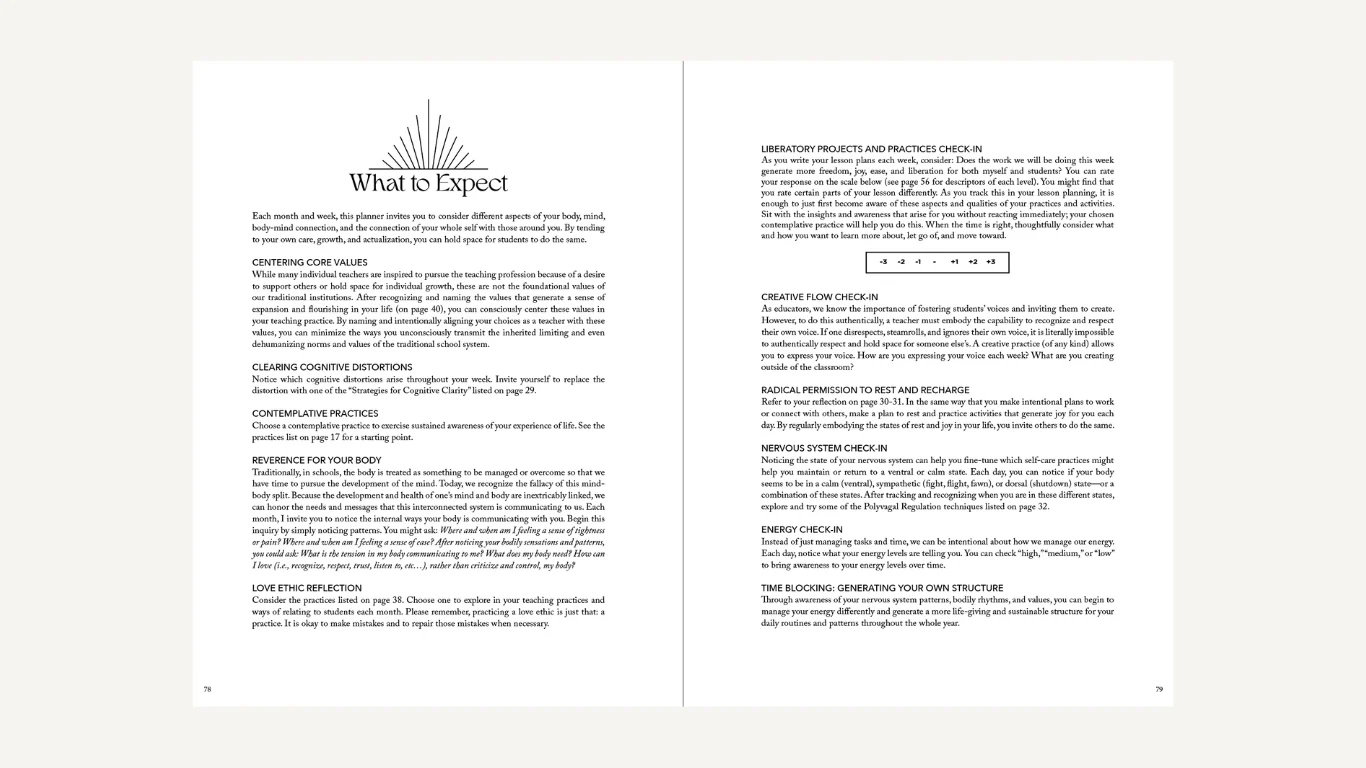 The What to Expect spread from the opening of the plan book, facing a page of liberatory projects and practices